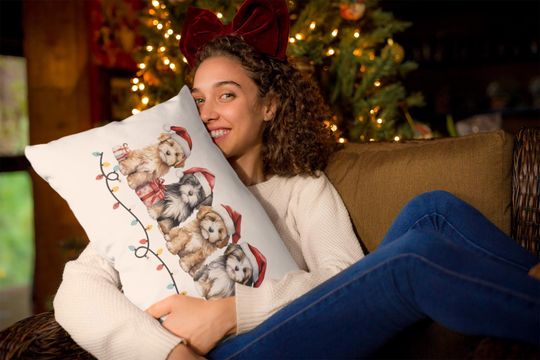 Discover Christmas Puppies Lumbar Pillow | Holiday Decor | Festive Throw Pillow | Santa Hat Dogs Cushion | Winter Home Decor | Seasonal Accent Pillow