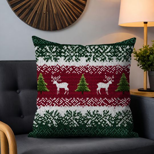 Discover Scandinavian Christmas Cushion with Nordic Reindeer & Pine Tree Knit Winter Decor, Nordic Xmas Pillow.