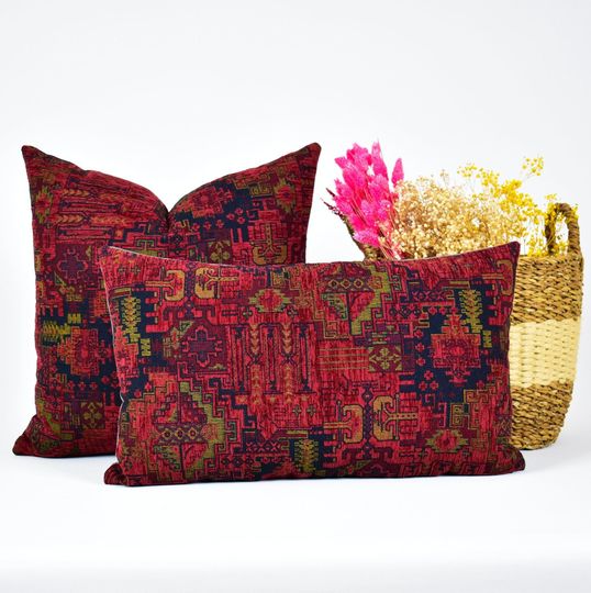 Discover Burnt Red Turkish Kilim Throw Pillow Cover,Red Bohemian Rugs Lumbar Pillow,Turkish Boho Kilim Lumbar Pillow,Living Room Bedroom Rug Pillow