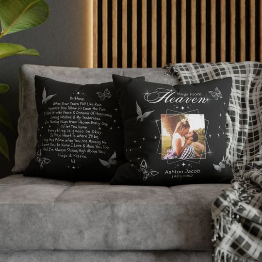 Discover Personalized Memorial Pillow, Hugs From Heaven Custom Photo Throw Pillow, Loss of Loved One Remembrance Gift, Black & Silver Butterfly Decor