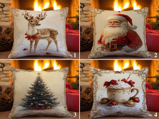 Vintage Christmas Pillow Covers, Santa Claus, Reindeer, Christmas Tree, Hot Cocoa Holiday Cushion Cover, Elegant Winter Festive Pillowcases