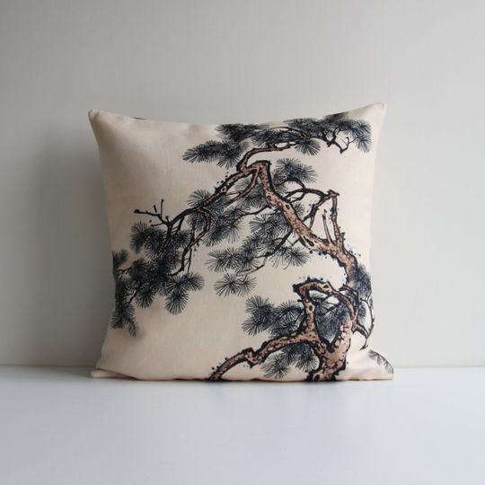 Discover Pine Branches Chinoiserie Throw Pillow Cover - Plants Asian Decor Cushion Cover, Exotic Oriental Leaves Pillow Case 18x18 20x20 16x16