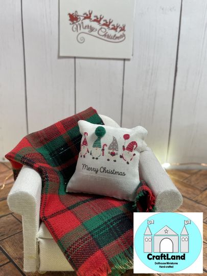 Discover Miniature Dollhouse Christmas Pillow and Blanket, Gnomes, Scale 1:12