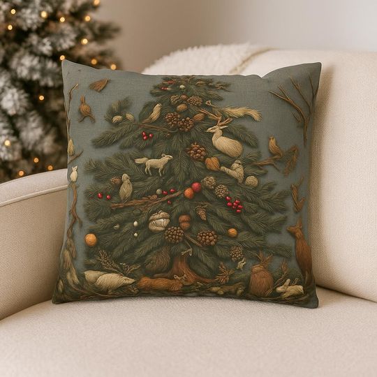 Discover Holiday Pillowcase, Embroidery-Look Cozy Forest Animals with Christmas Tree, Pillow Cover, Retro Xmas Decor