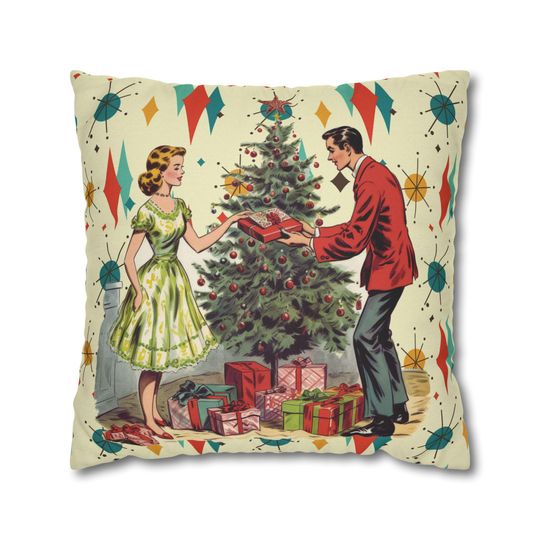 Retro Vintage 50s Franciscan Diamond Starburst Holiday Pillow Cover, Kitsch Christmas Scene Decor