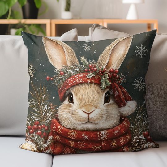 Discover Christmas Bunny Pillow, Festive Rabbit Cushion, Whimsical Holiday Throw Pillow, Winter Animal Decor, Cozy Christmas Accent