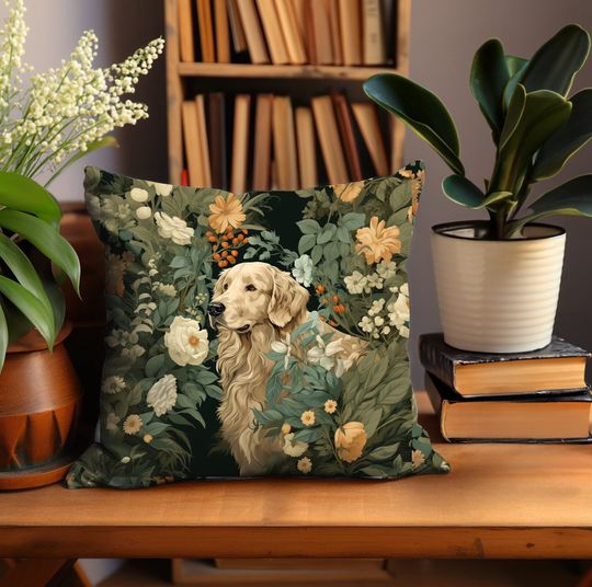 Discover Golden Retriever Pillow William Morris Inspired, Throw Cushion INCLUDES INSERT, Christmas Gift Floral Farmhouse Decor Golden Dog Mom Gift