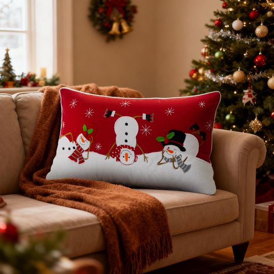 Discover Christmas Snowman Pillow Cover: Red Winter Cushion with Plush Snow Christmas Gift Throw Pillow