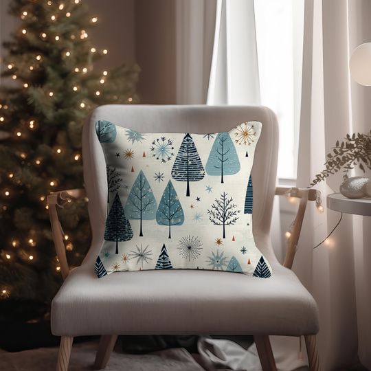 Discover Winter trees pillow, Cozy winter decor, Blue Winter Pillow, farmhouse decor, forest tree pillow cover, winter decor, living room decor