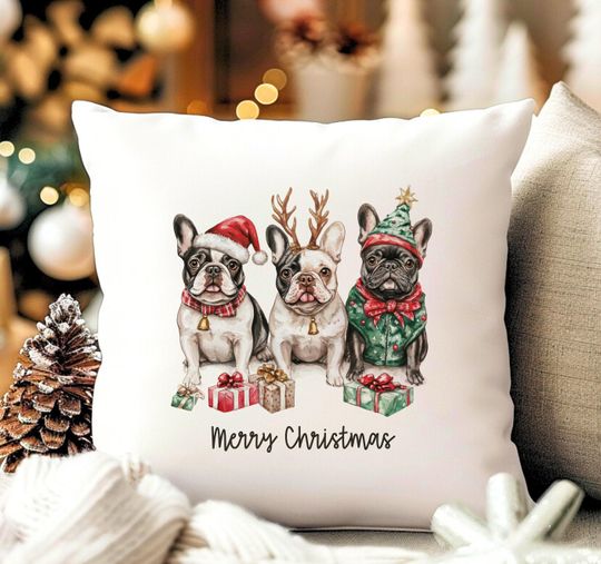 Discover French Bulldog Christmas Pillow, Holiday Dog Decor, Xmas Throw Pillow, Pet Lover Gift, Festive Dogs