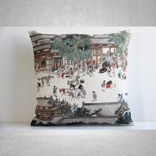 Discover Urban Street View Song Dynasty Chinoiserie Throw Pillow Cover - Chinoise Exotique Scenic Cushion Cover, Old Fashion 18x18 20x20 Pillow Case