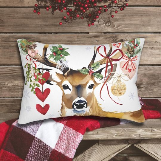 Discover Winter Christmas Deer throw pillow | rectangular lumbar | Christmas pillow, Reindeer accent pillow, Mistletoe Decor, Woodland Animal Lumbar