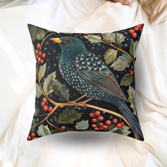 Discover Christmas Bird Pillow, William Morris Inspired Throw, Flower Botanical Pillow, Maximalist Luxury Decor, Christmas Botanical Decor