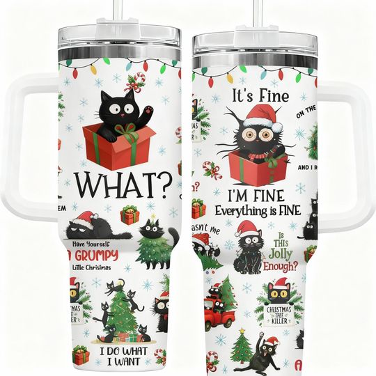 Discover Funny Grumpy Black Cat Christmas 40oz Stainless Steel Tumbler with Handle, Cute Holiday Cat Cup, Sarcastic Xmas Coffee Lover Gift Idea
