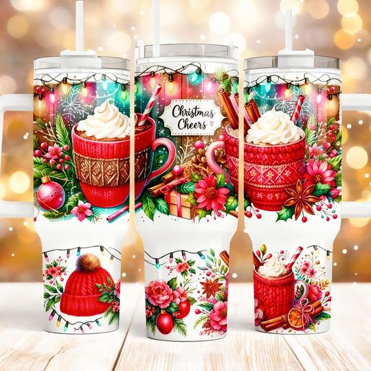 Discover Christmas Cheers 40oz Stainless Steel Tumbler with Holiday Drinks and Floral Design, Perfect Xmas Gift for Christmas Parties and Winter Fun