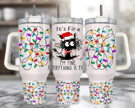 Discover Everything Is Fine Christmas Lights 40 oz Tumbler With Handle: Funny Christmas Cup with Straw, Insulated Hot Chocolate Christmas Mug