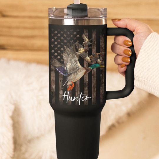 Discover Personalized Duck Hunting Tumbler, Camo Hunting Travel Cup With Straw, Outdoor Hunter Mug, 40oz Stainless Steel Cup with Handle & Straw