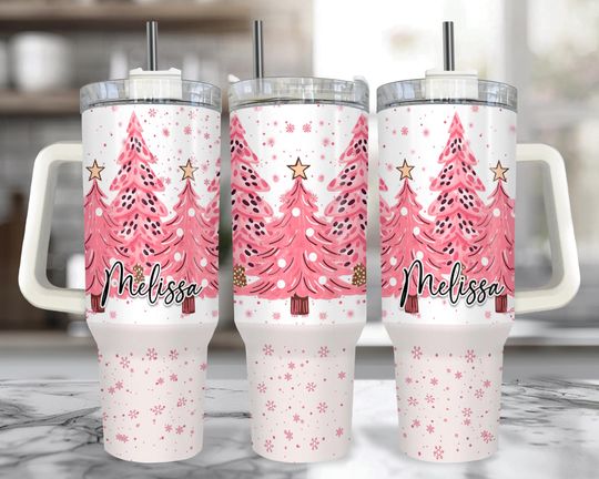 Discover Pink Christmas Tree 40 oz Tumbler With Handle: Personalized Christmas Tree Cup with Straw, Insulated Hot Chocolate Christmas Mug