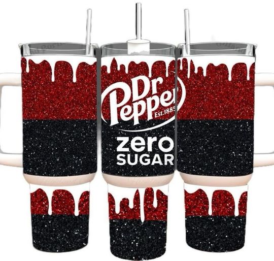 Dr Pepper Tumbler, 40oz Tumbler, Zero Sugar Design, Christmas Gift, 40oz Stainless Steel, Tumbler with Handle, Glitter Design, Perfect Gift