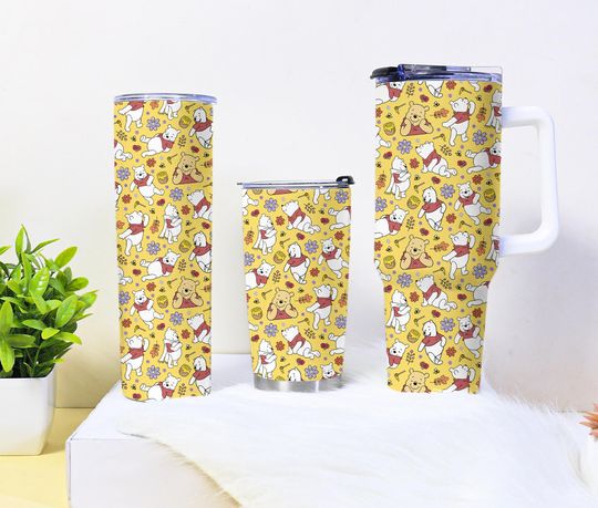 Discover Pooh Bear Tumbler 40oz, Cute Yellow Honey Mug, Insulated Travel Coffee Cup, Autumn Leaves Floral Gift for Pooh Fans, Pooh Tumbler Gifts