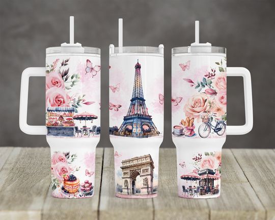 Discover 40 oz 2 piece Tumbler Sublimation Template warp and straight Paris Pretty Rose Tumbler  pink Paris