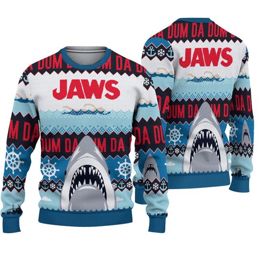 Jaws Da Dum Shark Ugly Christmas Sweater, Jaws Ugly Christmas All Size