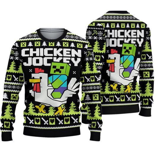 Minecraft Chicken Jockey Ugly Christmas Sweater, Funny Gamer Holiday Sweatshirt, Funny Xmas Knit Sweater, Christmas Gift for Kids Adult