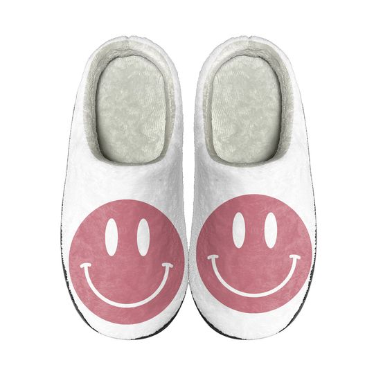 Pink Smile Face Slippers for Women, Happy face slippers Retro Soft Plush Warm Slippers, Cozy Indoor Outdoor Slippers