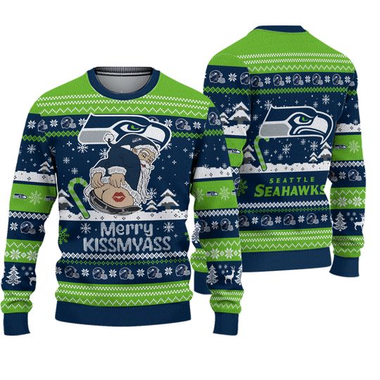 Seattle Seahawks Merrykissmyass Funny Santa Claus Christmas Ugly Sweater