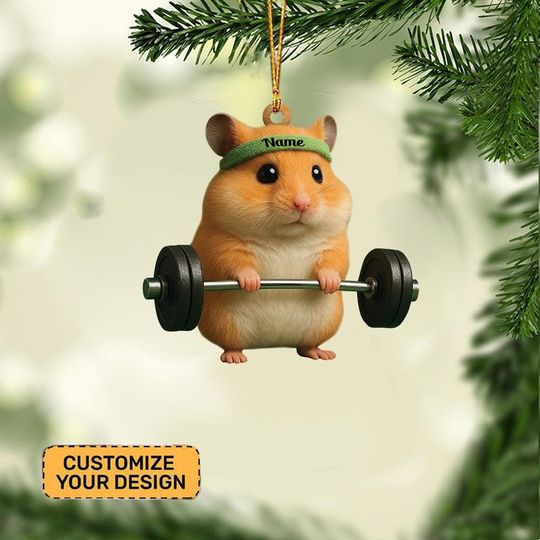 Discover Personalized Cute Hamster Lifting a Barbell Workout Ornament, Weight Lifting Gift For Trainer, Fitness & Gym Xmas Decor ID-1017-Q9DM