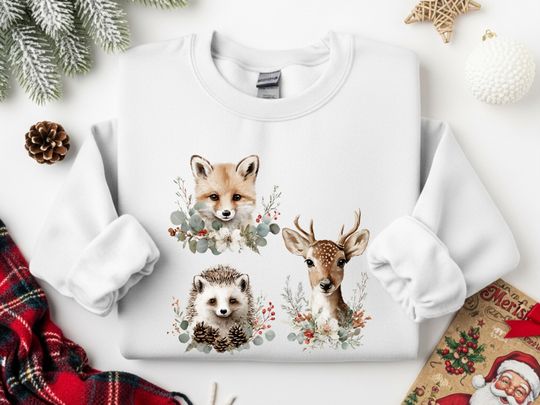Discover Woodland Animal Shirt, Cottagecore Christmas Tee, Forestcore Fox Hedgehog Sweater