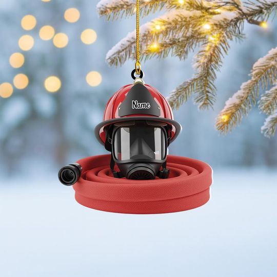 Personalized Firefighter Christmas Ornament, Fire Hose Helmet Xmas Keepsake, Fireman Gift, Fire Department Decor, Fire Station