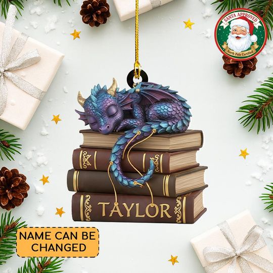 Discover Personalized Dragon Books Christmas Ornament, Dragon Sleeping On Books Ornament, Books Lovers Ornament, Bookworm Ornament Gift Thdso-2440