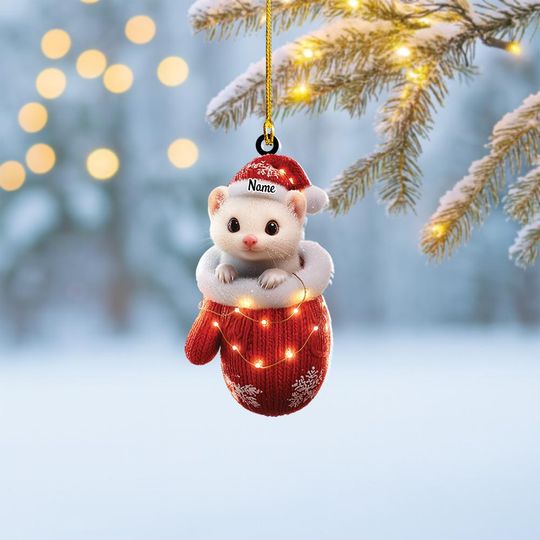 Discover Personalized Ferret In Mitten Christmas Ornament, Ferret Christmas Lights Keepsake, Ferret Xmas Hanging Decor, Ferret Lovers Gift