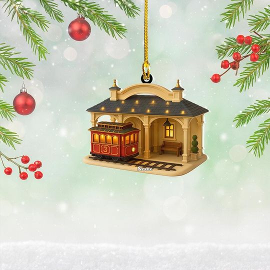 Discover Personalized Train Station Christmas Ornament, Trolley Depot Keepsake Decor, Locomotive Railway Ornament, Railroader Lovers Gift