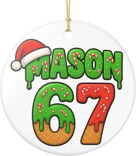 Discover Mason 67 Ceramic Christmas Ornament - Meme Six Seven Joke Gen Alpha Slang Gift
