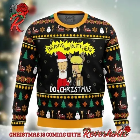 Beavis and Butthead Do Christmas Santa And His Reindeer Funny Ugly Xmas Sweater