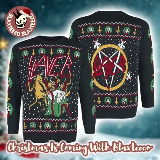 Discover Slayer Hell Awaits Devils Open Gift Album Xmas Style 2025 Knitted Ugly Christmas