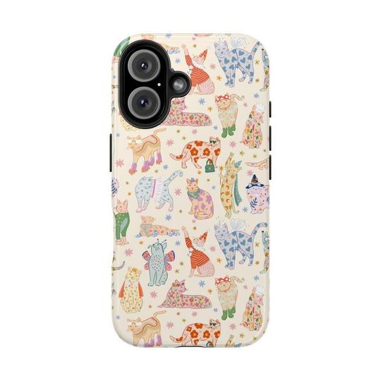 Discover Aesthetic Cat Phone Case for iPhone 17, Retro Kawaii Cats with Fun Outfits, Vintage 70s Floral and Polka Dot Pattern