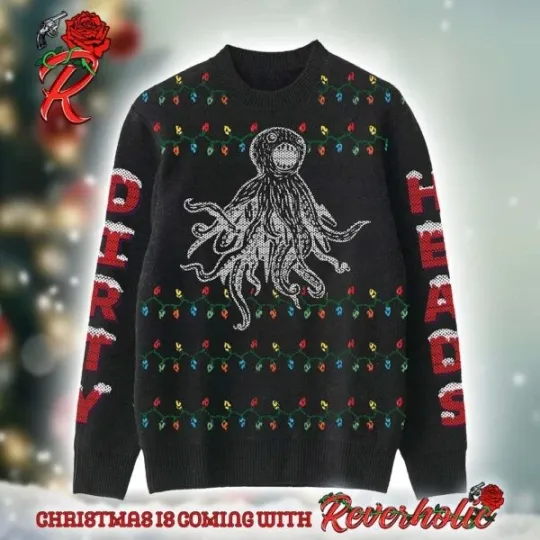 Discover Dirty Heads 2025 Holiday Merch Octopus With Christmas Lights Pattern Ugly Sweate