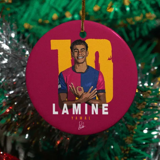 Discover Lamine Yamal #10 Iconic Celebration Ceramic Christmas Ornament - Barcelona Fans