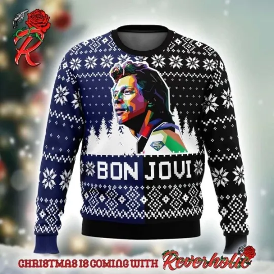 Discover Bon Jovi Jon Bon Jovi Art Snowflakes Pattern Black And Blue Ugly Xmas Sweater