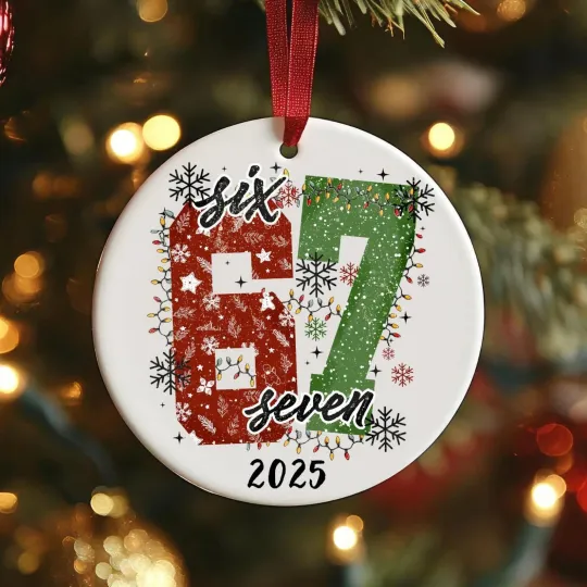 Discover Six Seven 67 2025 Brainrot Meme Ceramic Christmas Ornament Gen Z Alpha Xmas Gift