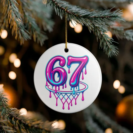 Discover 67 Christmas Ceramic Ornament - Six Seven Meme Basketball Drip Xmas Tree Gift
