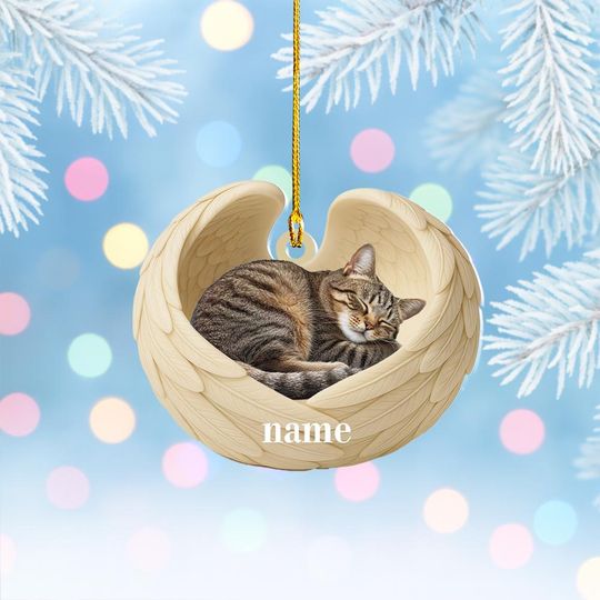 Personalized Tabby Cat Sleeping Angel Wings Ornament,Tabby Cat Christmas Ornament Decor, Tabby Cat Car Ornament, Cat Xmas Gift