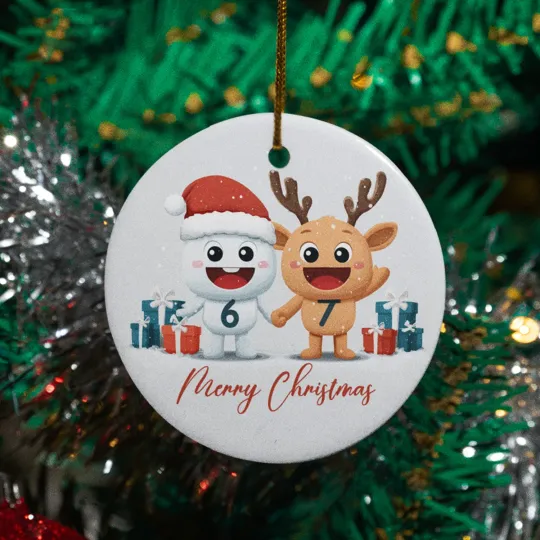 Merry Christmas 6-7 Ceramic Ornament - Cute Snowman and Reindeer Keepsake Xmas