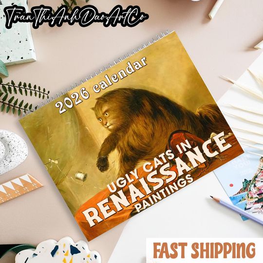 Discover Ugly Cats in Renaissance Painting 2026 Calendar Vertical Wall Calendar 3 Sizes Glossy & Matte