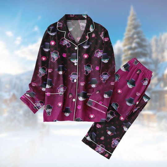 Purple Kawaii Satin Pajama Set, Anime Chibi Loungewear