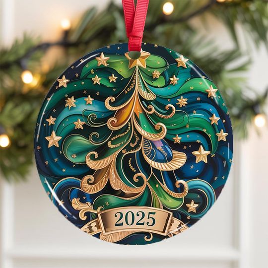 Discover Stained Glass Effect Christmas Tree Ornament 2025, Ceramic Ornament, Holiday Decoration, Keepsake Gift for Family and Her