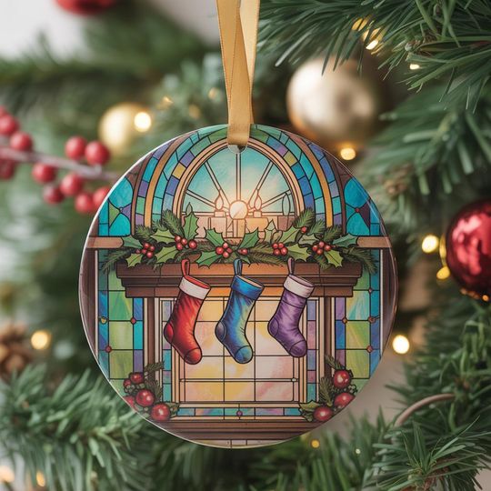 Fireplace Christmas Ornament 2025 Faux Stained Glass Tree Decoration Cozy Holiday Keepsake Gift